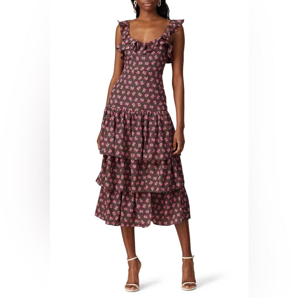 Pink & Black Ditzy Floral Print W/ Ruffles Midi Dress